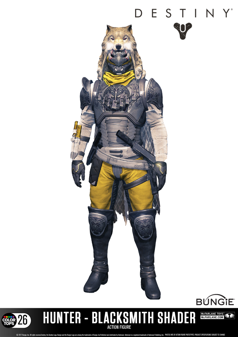 Highly detailed sculpt of the Hunter modeled from in-game assets. Sculpted figure features the Blacksmith Shader, complete with Celestial Nighthawk Helmet. Figure comes with the Thorn hand cannon and Invective Shotgun. Fully customizable figure with 14+ points of articulation for dynamic posing. Figure comes in window boxed collector packaging and featured on a stylized Destiny branded display base.